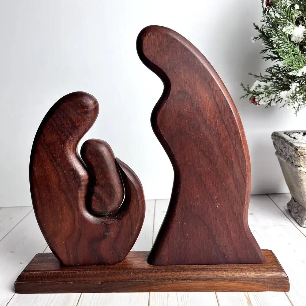 VTG Holy Family Abstract Hand Carved Solid Wood Statue Sculpture Mary Jesus MCM